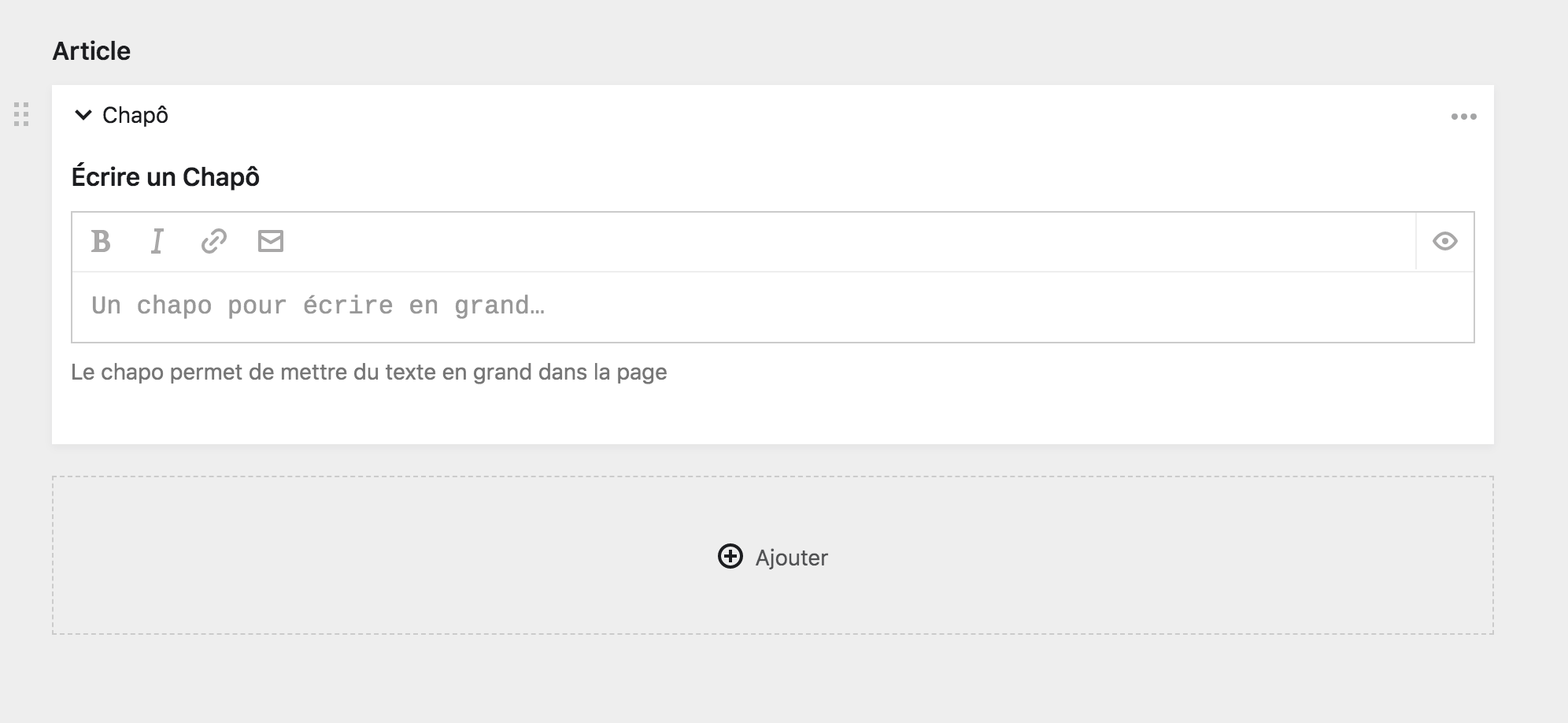 L&rsquo;éditeur de bloc avec un seul bloc