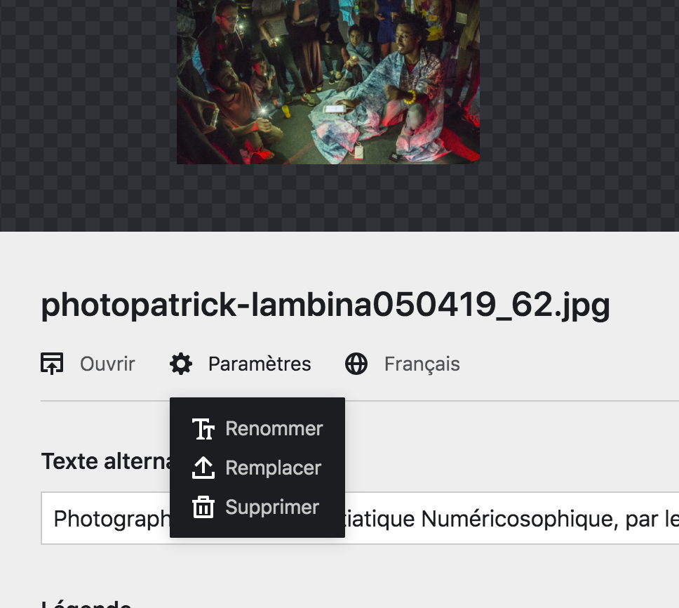 Paramètres d&rsquo;un fichier depuis sa page