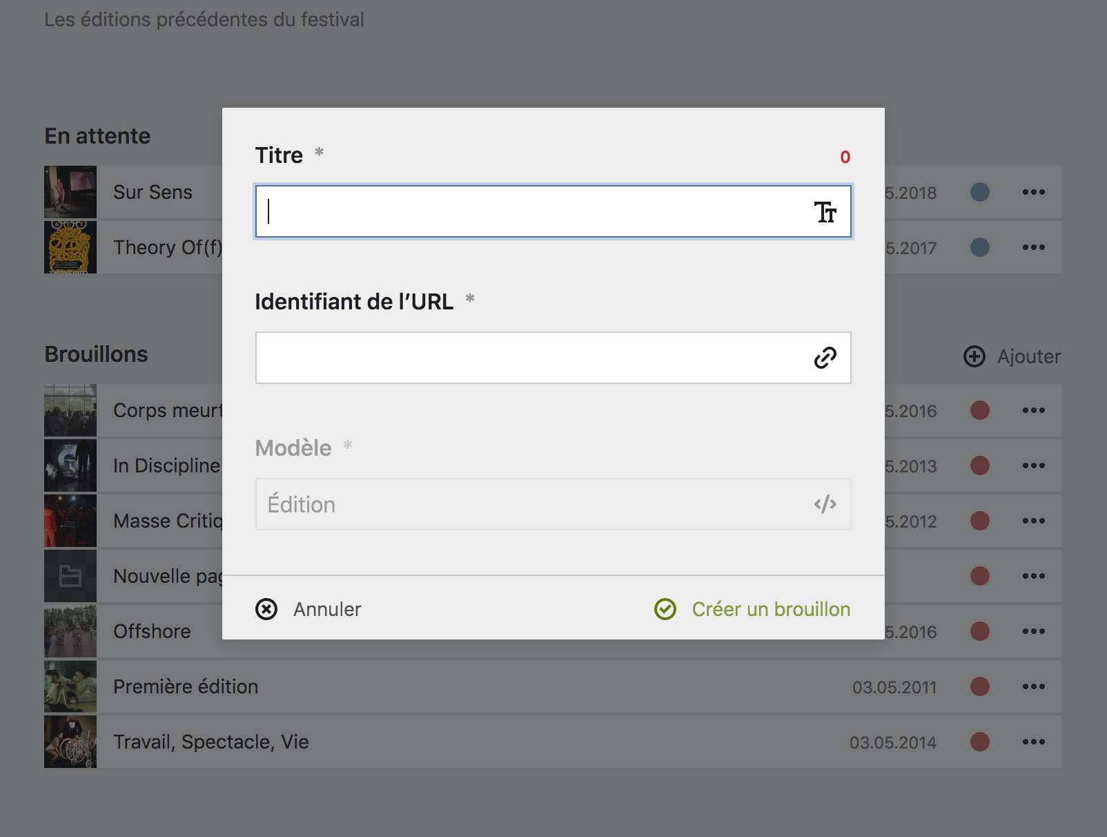 Formulaire de création de page