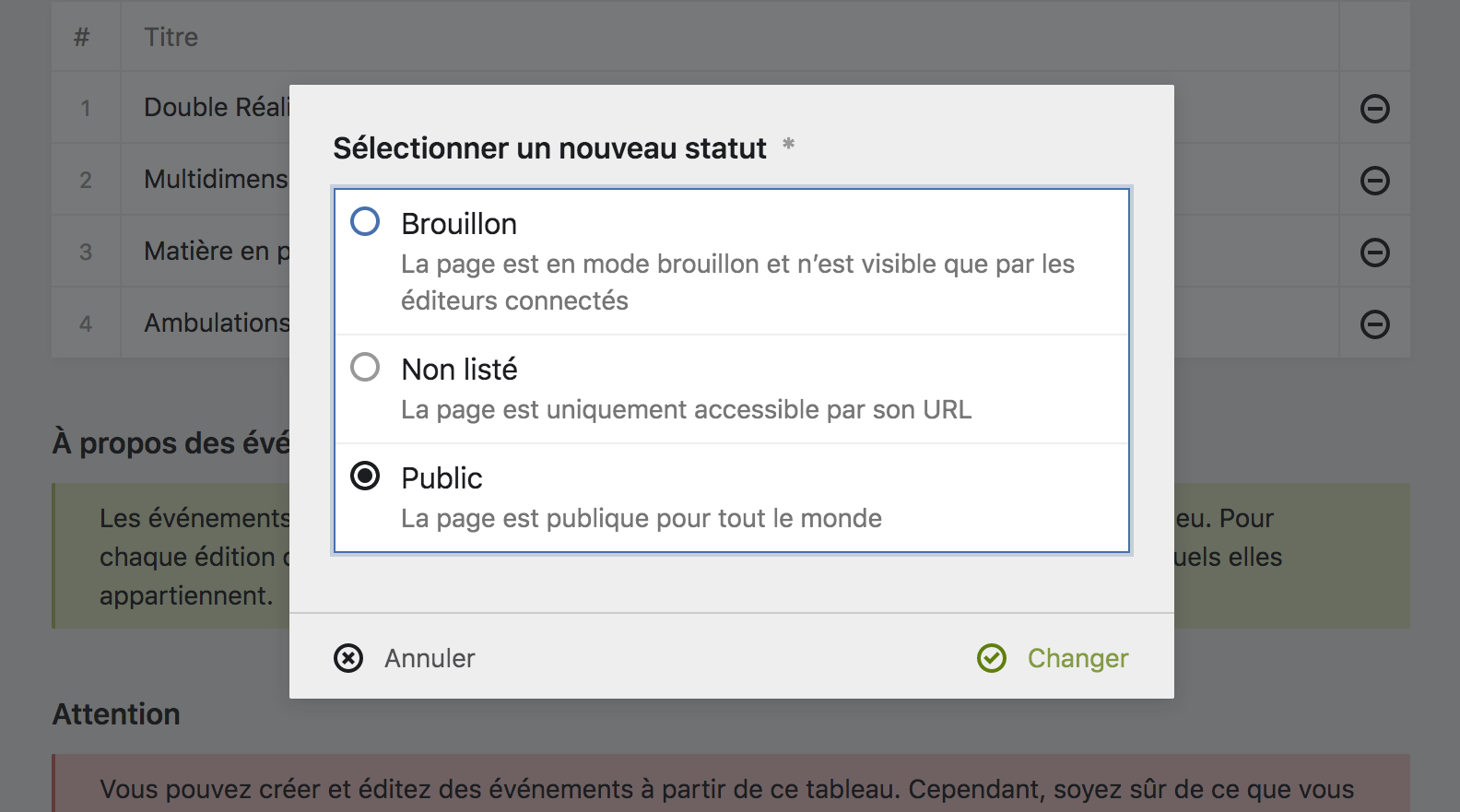 Statut d&rsquo;une page publique
