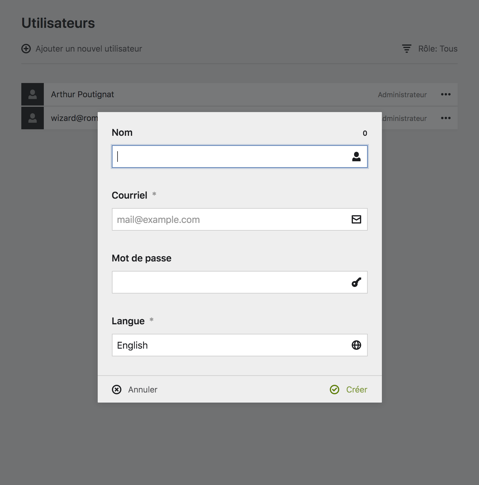formulaire de création d’utilisateur