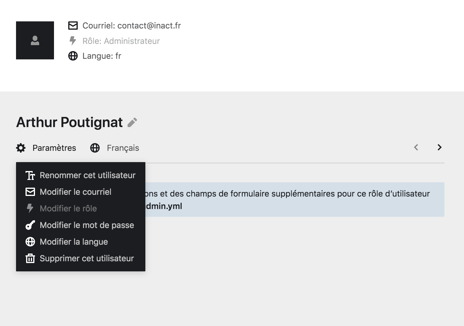 Option de compte à partir de la page Utilisateur